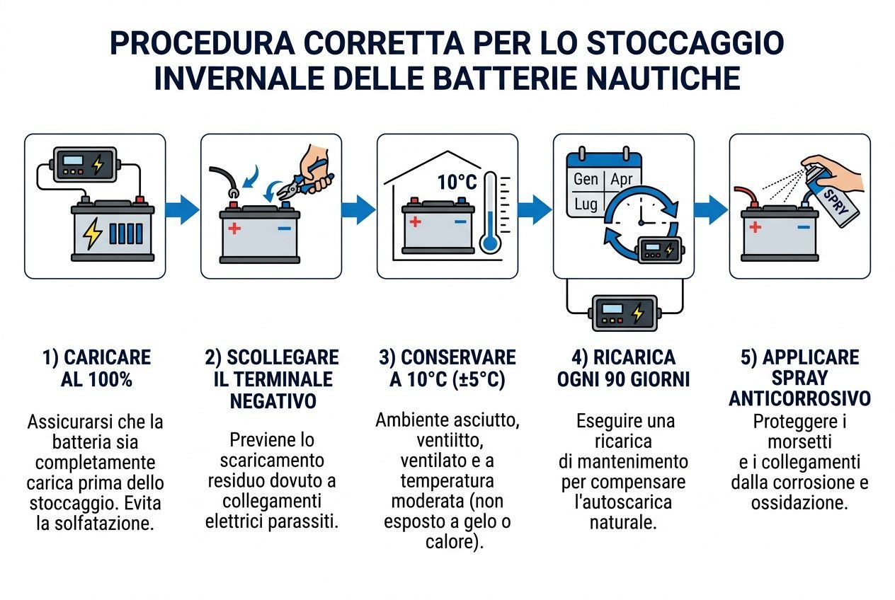 Procedura corretta per lo stoccaggio invernale delle batterie nautiche: caricare al 100%, scollegare il terminale negativo, conservare a 10°C e non esporre a gelo, ricaricare ogni 90 giorni, applicare spray anticorrosivo sui morsetti. batteria barca come mantenerle integrata naturalmente nel testo.