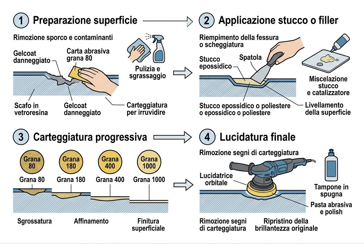 Procedura illustrata per riparare crepe gelcoat: preparazione superfici, applicazione stucco o filler, carteggiatura progressiva e lucidatura finale della vernice.