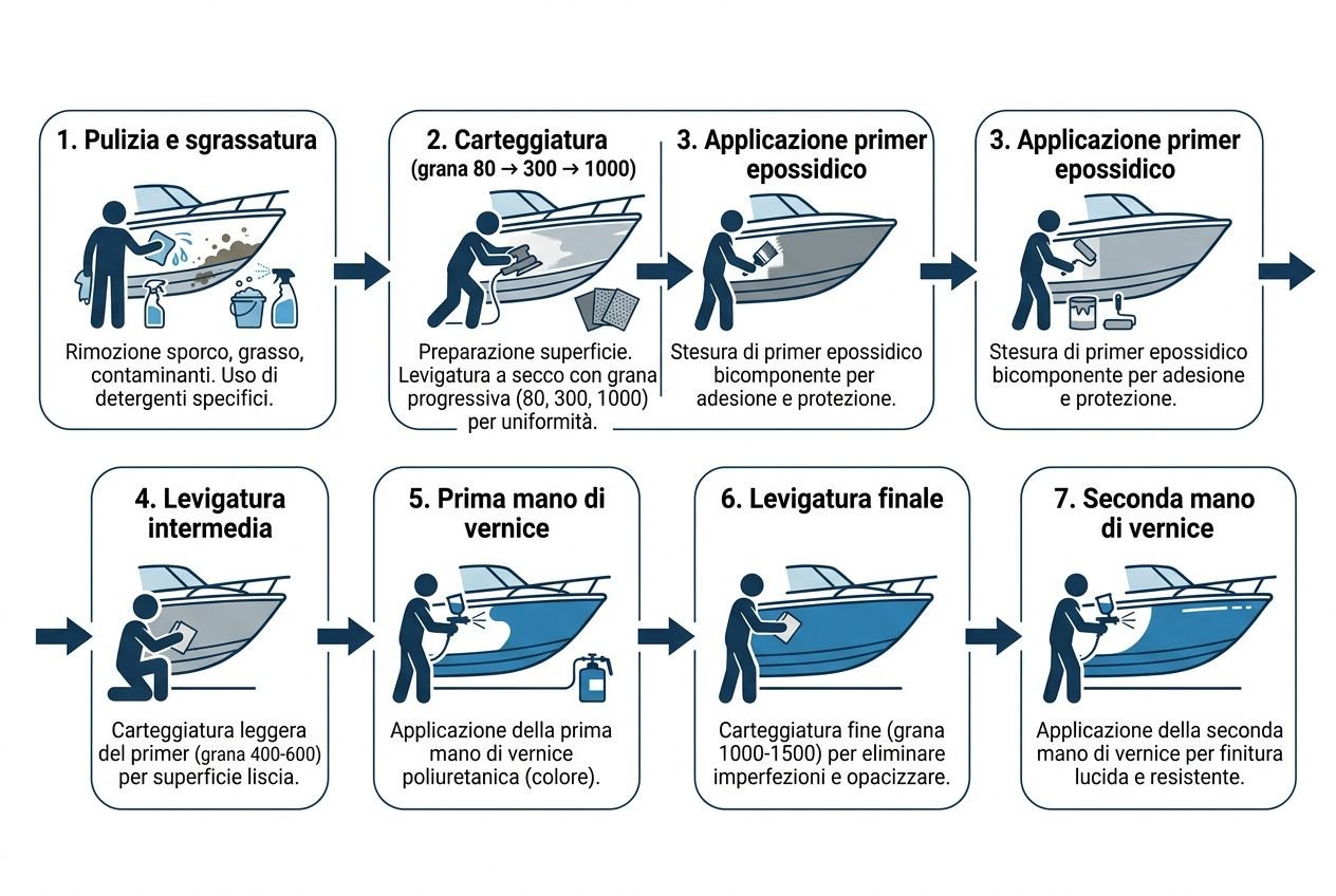 Procedura di verniciatura barca in vetroresina: costo e fasi, inclusa preparazione, primer e mano finale. Verniciatura barca vetroresina costo e dettagli.