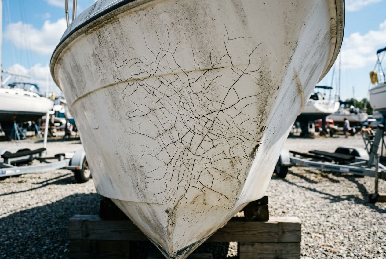 Prua di barca con crepe a gelcoat visibili, situata su supporto in rimessaggio vicino ad altre imbarcazioni e attrezzature.