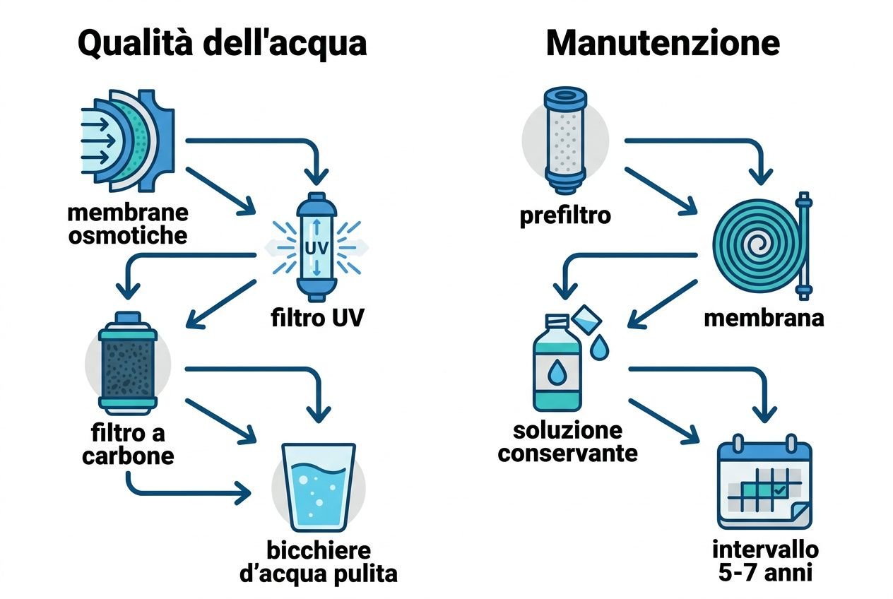 Qualità dell'acqua e manutenzione: diagramma illustrato di un dissalatore marino con membrane osmotiche, filtro UV e filtro a carboni; bottiglia d'acqua purificata e processo di manutenzione con prefiltri, membrana, soluzione conservante ed intervallo 5-7 anni, testo integra il tema “dissalatore barca come funziona” integrato naturalmente.