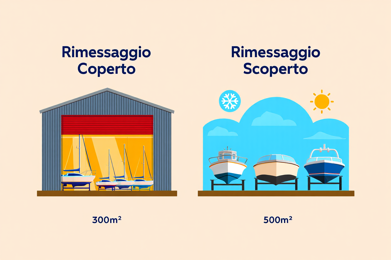 Rimessaggio imbarcazioni sul fiume Corno: due opzioni mostrare coperto 300 m² e scoperto 500 m² per ormeggio e ricovero.
