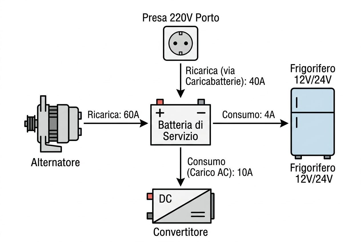 Schema di alloggiamento: alternatore, batteria di servizio e convertitore per frigoriferi e ghiacciaie a bordo.