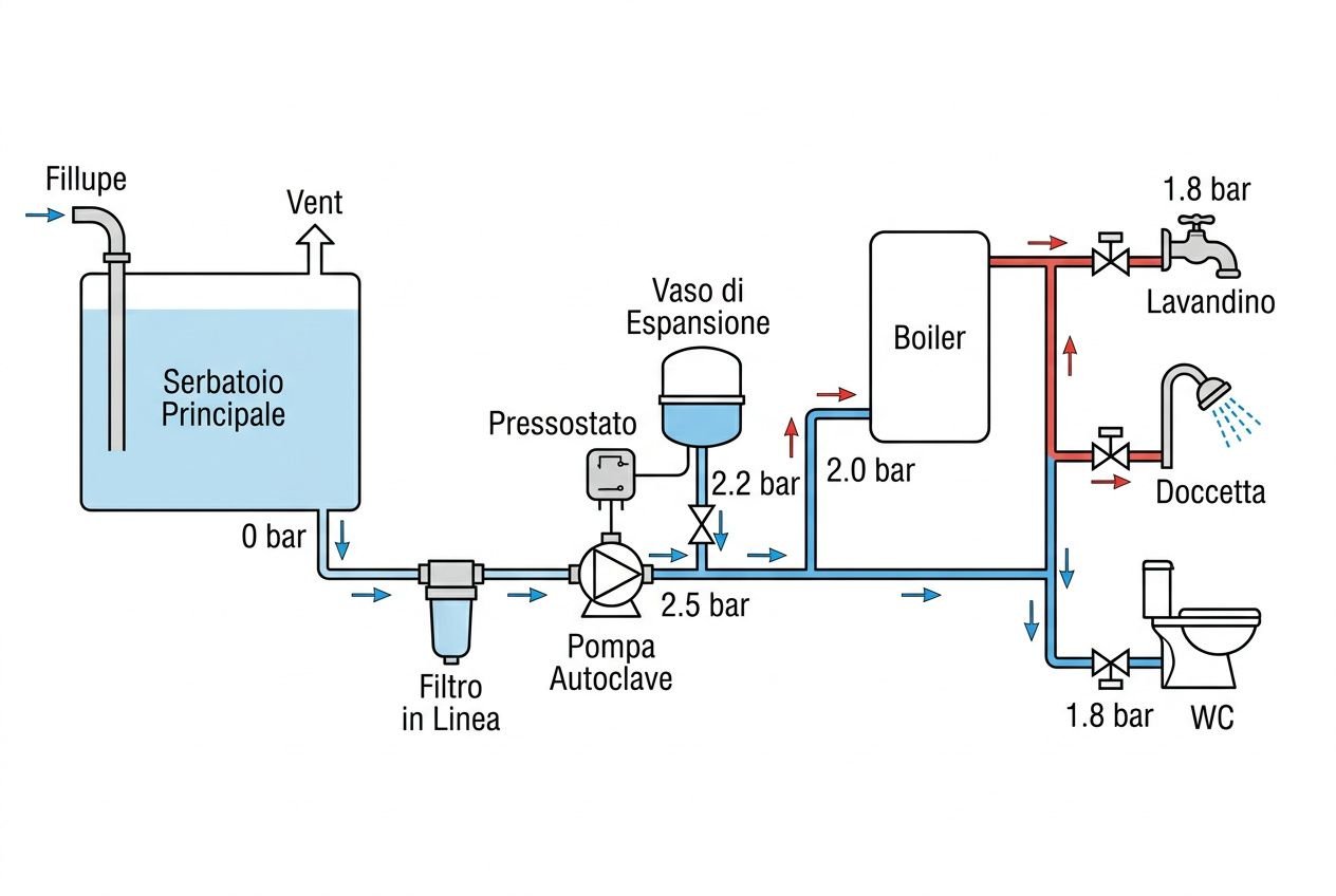 Schema di autoclave barca: percorso acqua dal serbatoio principale, tramite filtro e pompa autoclave, fino al boiler, vaschette lavaggio, e docce/WC con pressioni indicate. contiene 1.8 bar lavandino e doccetta, 2.5 bar pompa, 2.0 bar boiler. testo integrato keyword: autoclave barca cosa serve.