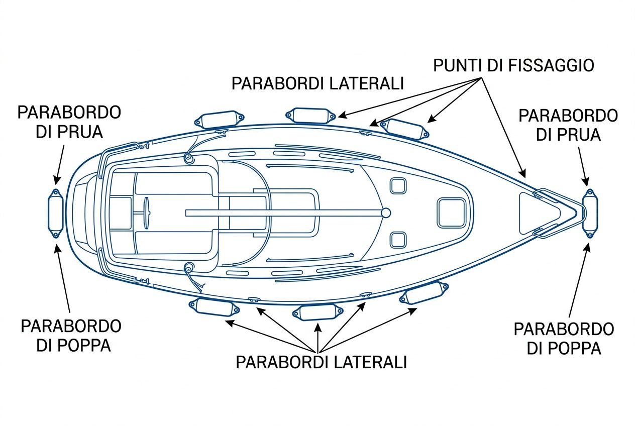 Schema di una barca con parabordi laterali, di prua e di poppa indicati per protezione durante ormeggio.