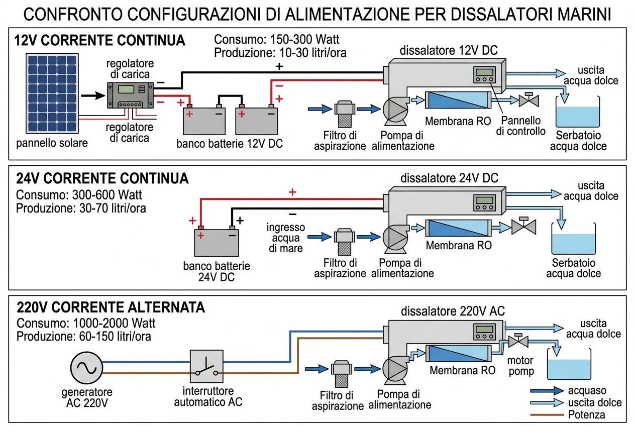 Schema confronto configurazioni di alimentazione per dissalatori marini: 12V, 24V e 220V alternata con componenti e serbatoi.