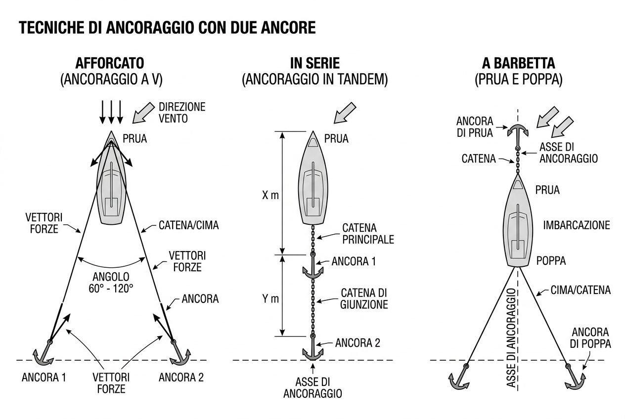 Schema illustrativo delle tecniche di ancoraggio per le barche: a sinistra affondato, al centro in fila, a destra a barbetta con vela.