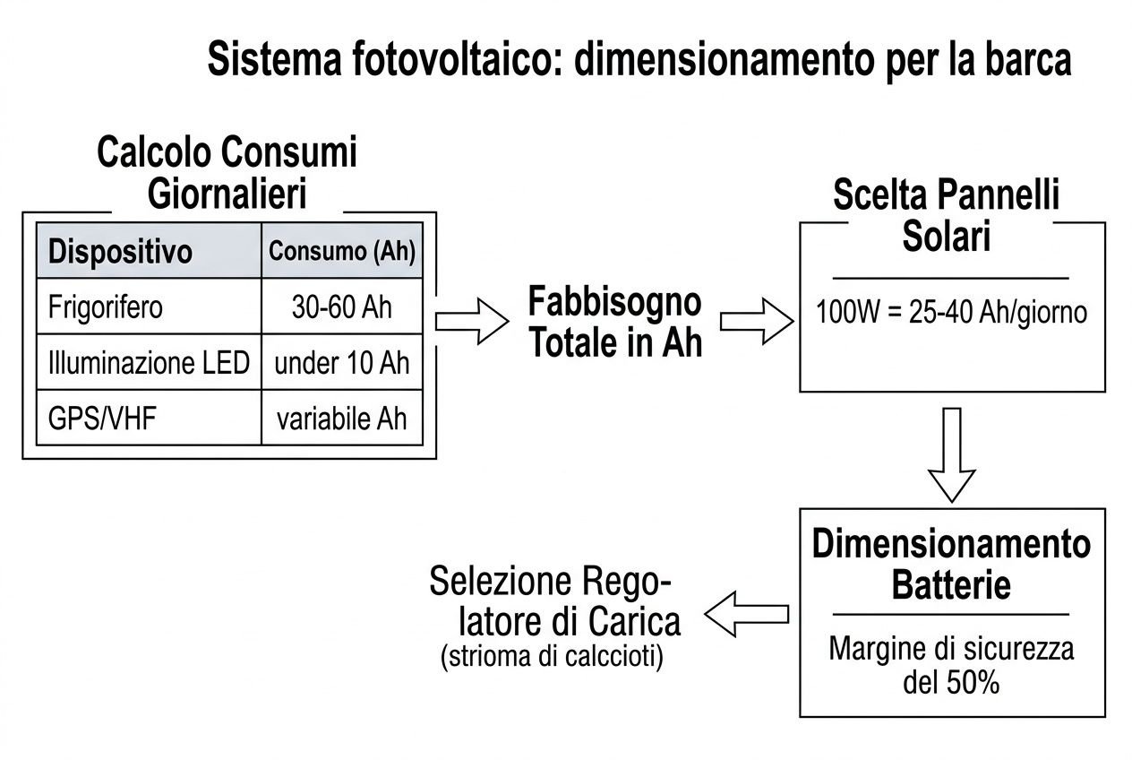 Schema impianto fotovoltaico per barca: flusso di calcolo consumi, scelta pannelli e dimensionamento batterie per barca o gommone.