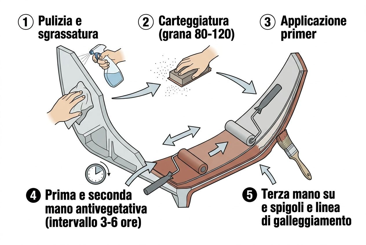 Schema istruzioni antivegetativa: pulizia, carteggiatura, primer, asciugatura e applicazione con terza mano, per manutenzione carena barca. manutenzione carena barca con prodotti marlin.