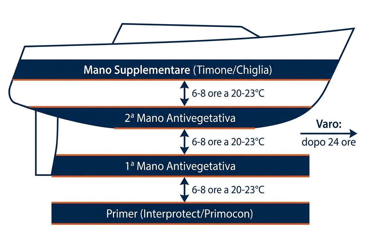 Schema sezioni e mani di antivegetativa su una barca: primo strato primer, seconda mano di antivegetativa, terza mano, con tempi di asciugatura 6–8 ore a 20–23°C e indicazioni di verniciatura.