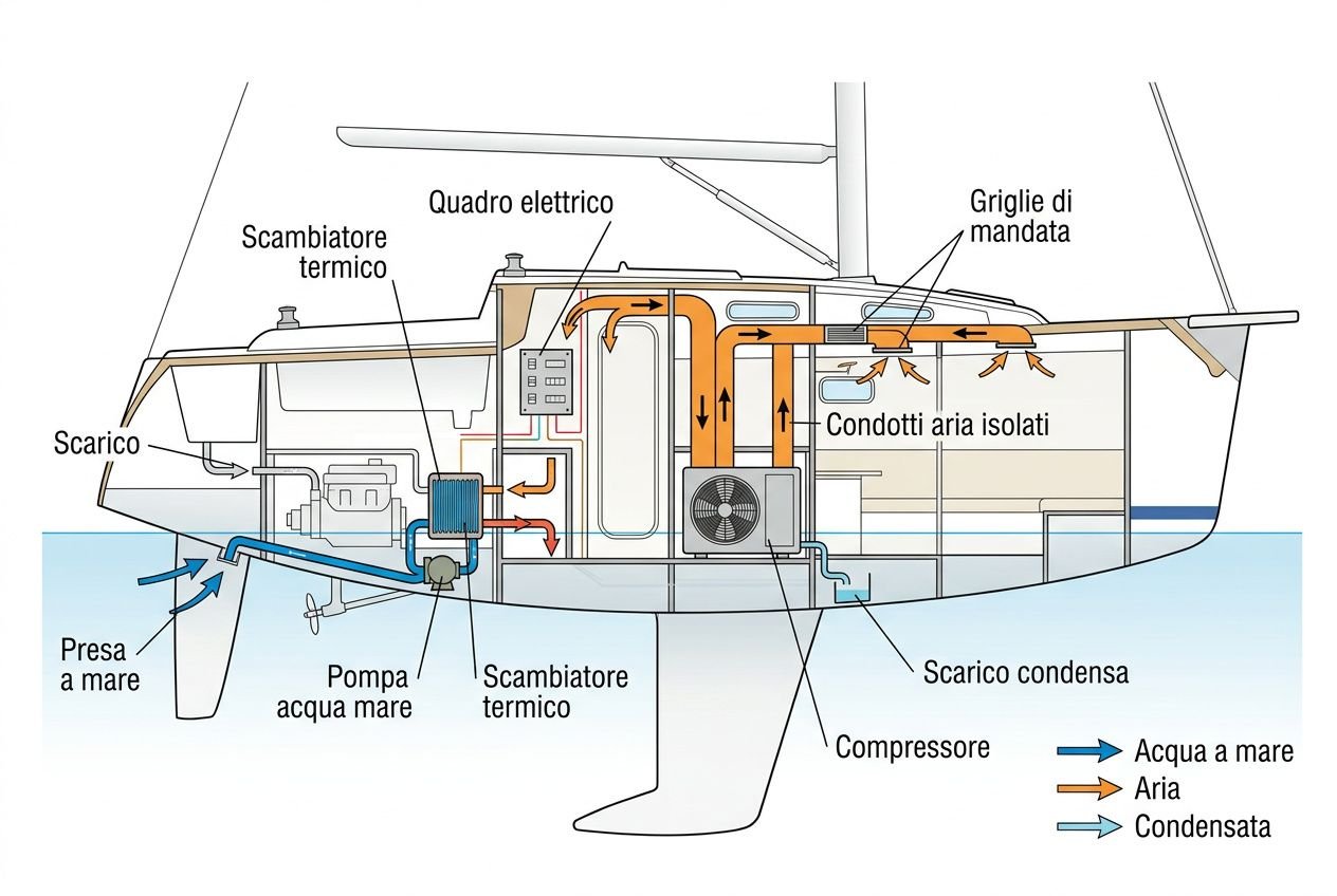 Schema di un sistema di aria condizionata di una barca: flusso di aria, acqua di mare, condensata e componenti principali come sensori, compressore e scambiatore termico. aria condizionata barca come funziona
