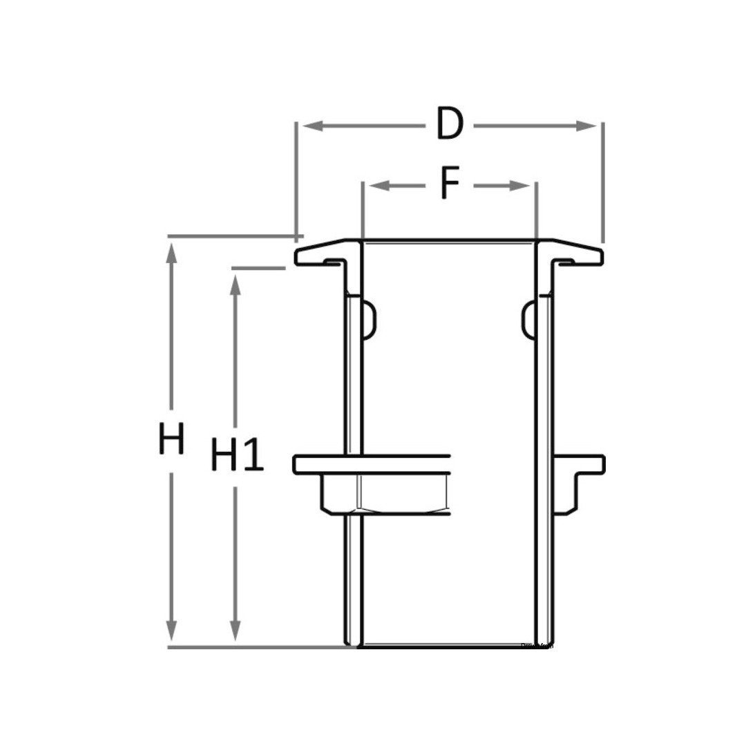 Schema tecnico di una presa a mare per barca con dimensioni D, F, H e H1, evidenziando spazi e rilievi per manutenzione prese a mare barca