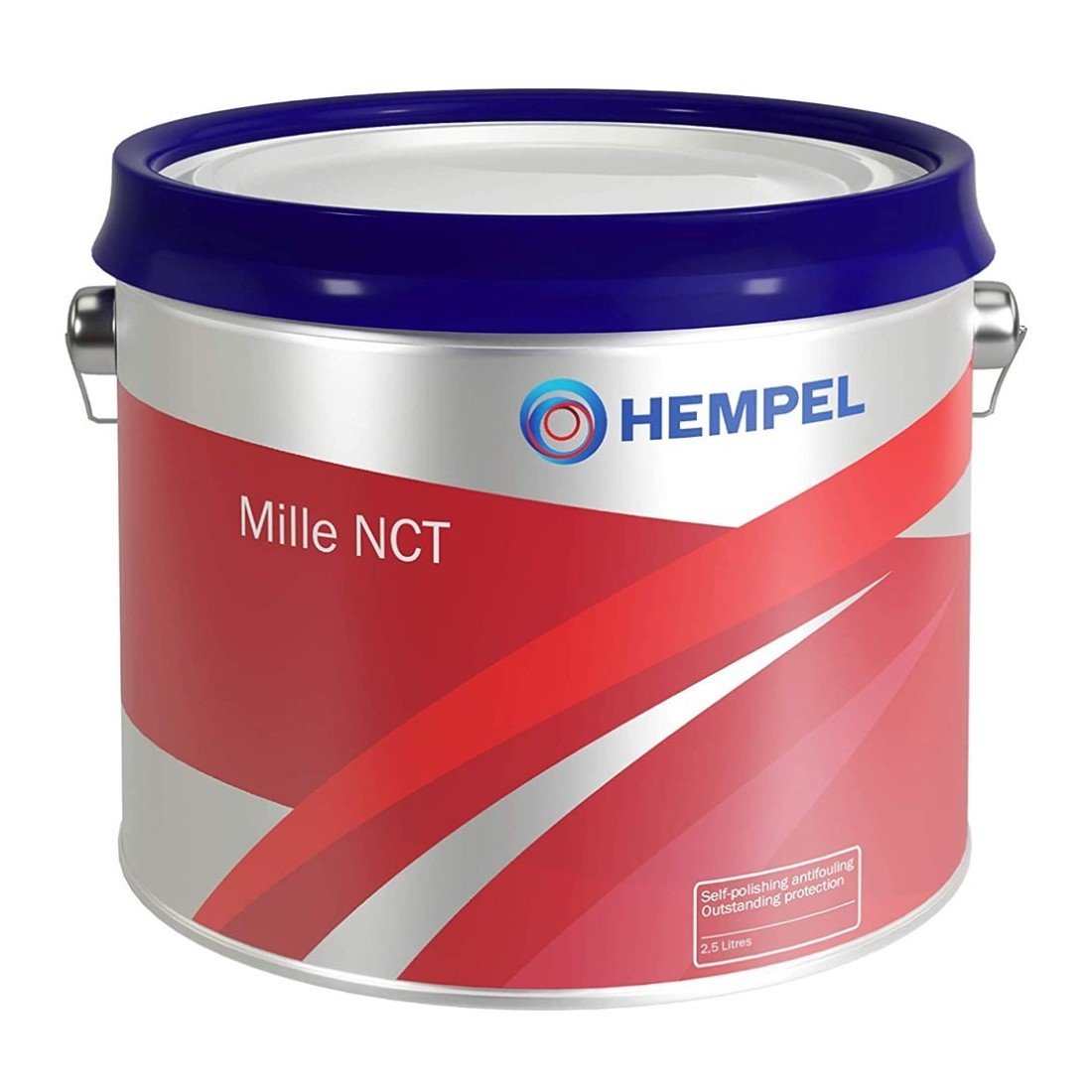 Secchio di antivegetativa Hempel Mille NCT con coperchio blu, etichetta rossa e maniglia metallica. antivegetativa quanto tempo prima del varo integrato.
