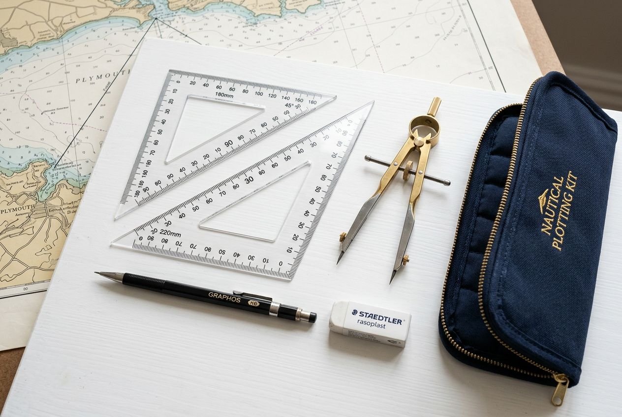 Set di strumenti di carteggio nautico: squadrette, goniometro e righello, compasso, matita e gomma, con kit in custodia blu.