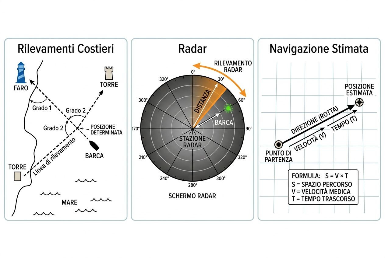 Studio marittimo: grafico con rilievi costieri, radar e navigazione stimata per calcolare il punto nave, waypoint e rotta.