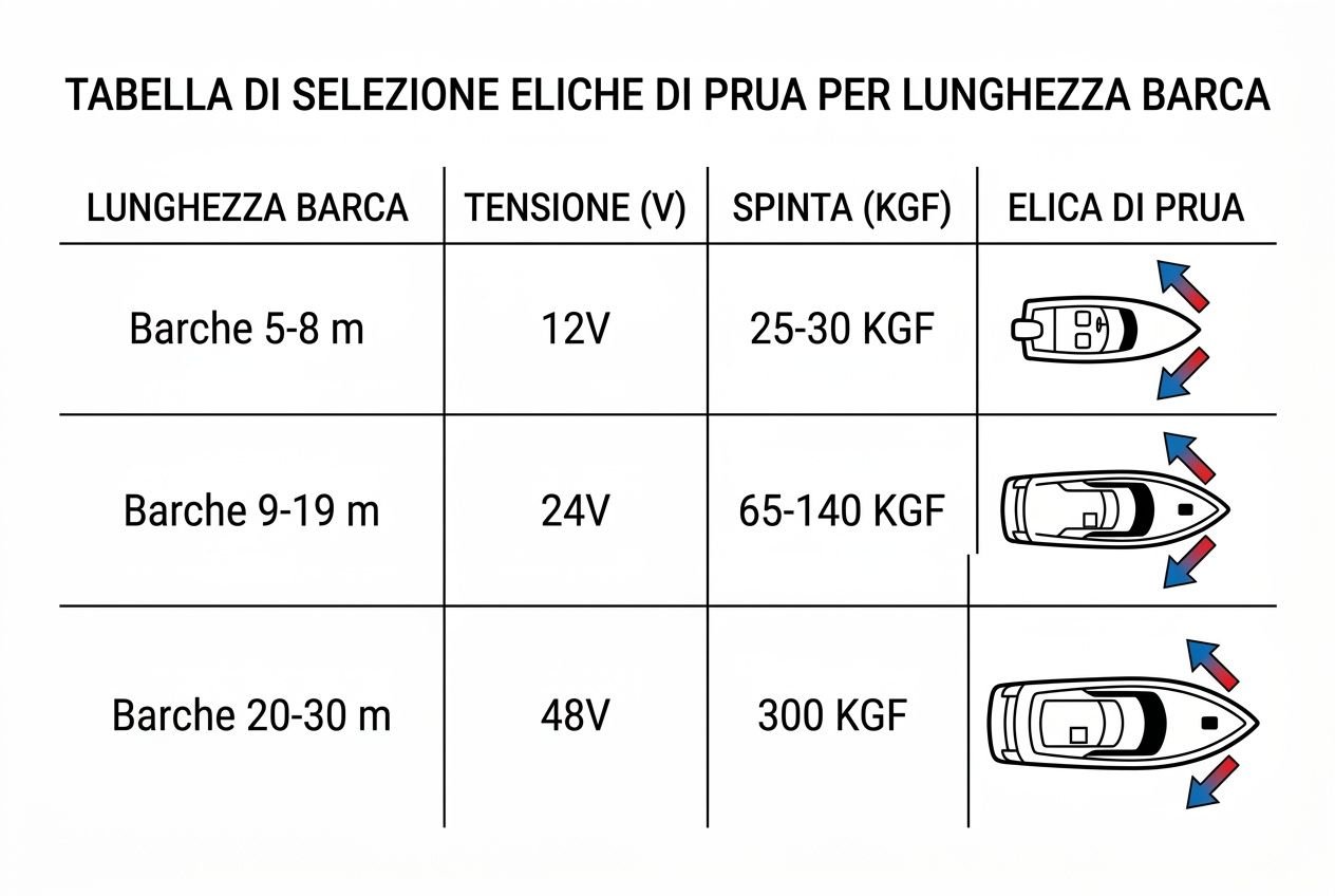 Tabella di selezione eliche di prua per lunghezza barca: tre gamme con indicatori di spinta, tensione e visualizzazione dell’elica di prua.