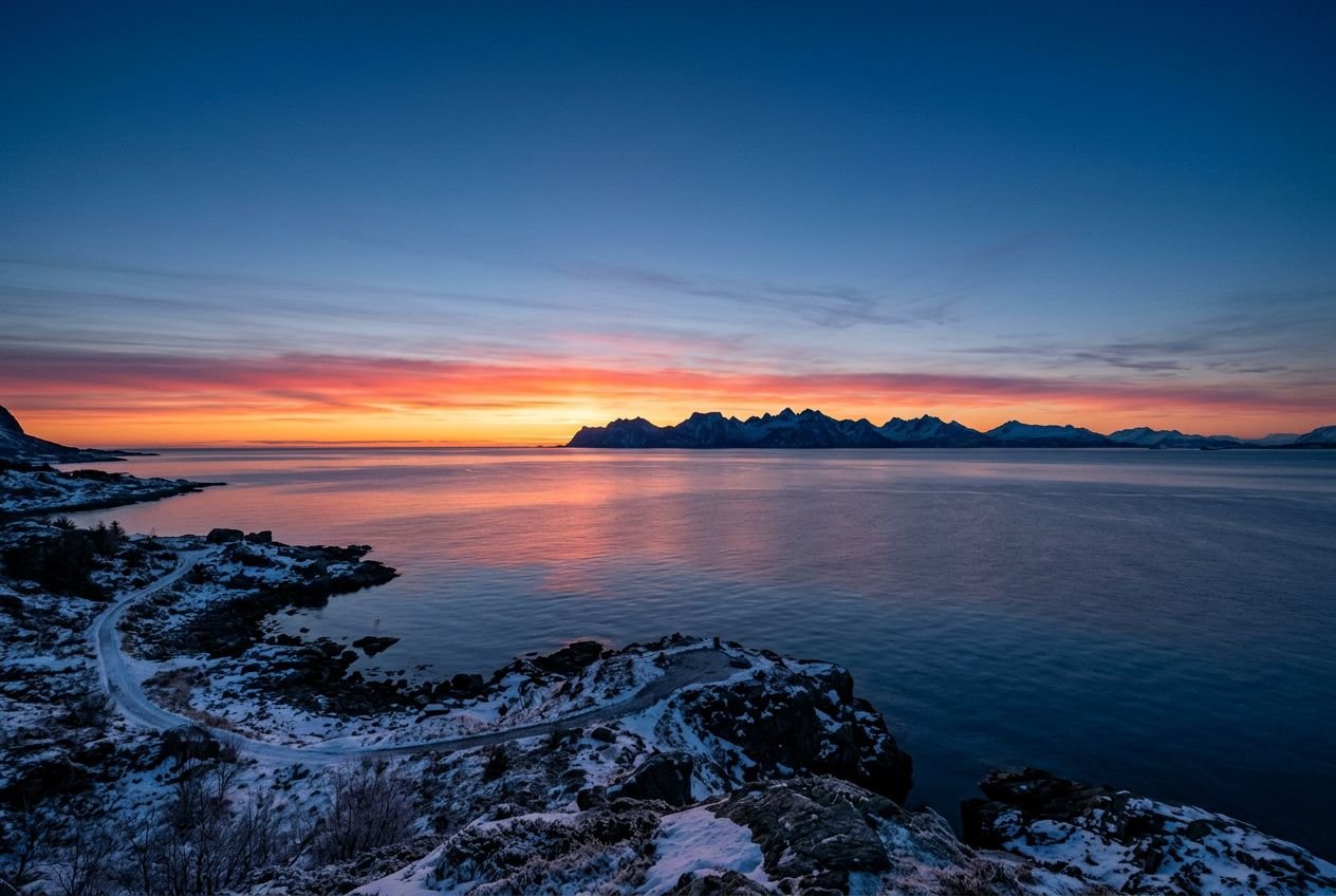 Tramonto tranquillo su mare e coste rocciose innevate, con orizzonte lontano e catene di montagne all’alba. curvatura terrestre visibilità.