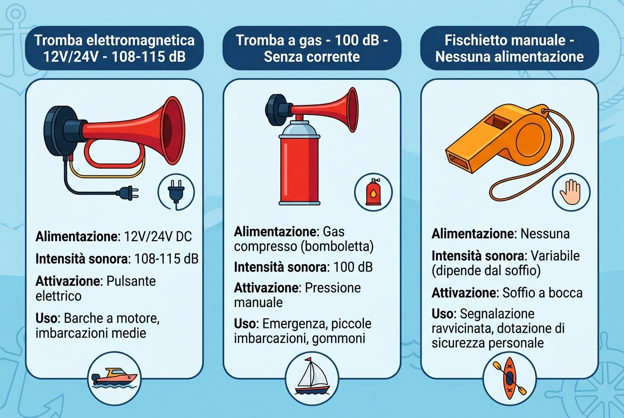 Tre pannelli descrittivi: tromba elettromagnetica, tromba a gas e fischietto manuale, con specifiche su alimentazione, intensità sonora e uso in barca. Campana di nebbia vs segnali moderni integrata nel testo.