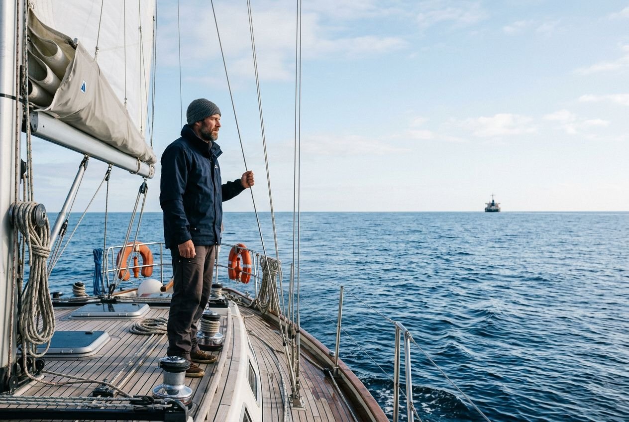 Uomo in giacca e berretto guarda l’orizzonte dal ponte di una barca a vela: mare aperto e cielo sereno, visibile distanza sul mare. curvatura terrestre visibilità.