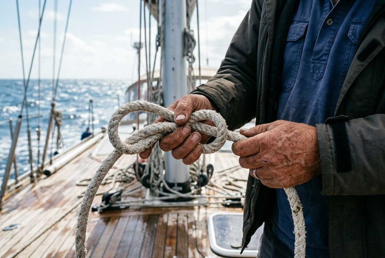 Uomo che prepara un nodo marinari su una cima di vela, a bordo di una barca in mare.