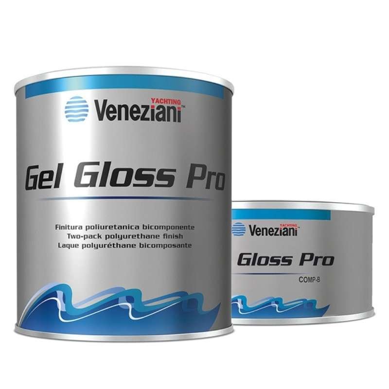 Vaschetta di vernice marina Venezianni Gel Gloss Pro, finitura poliuretanica bicomponente, grafica blu. Vaschetta di vernice marina Venezianni Gel Gloss Pro, finitura poliuretanica bicomponente, grafica blu.