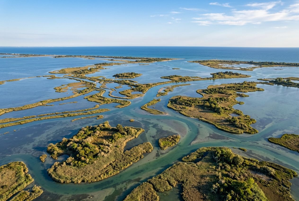 Veduta aerea della laguna di Grado: canali salmastri e isolotti ricoperti da vegetazione, con l’acqua azzurra che si intreccia tra le isole. Laguna di grado.