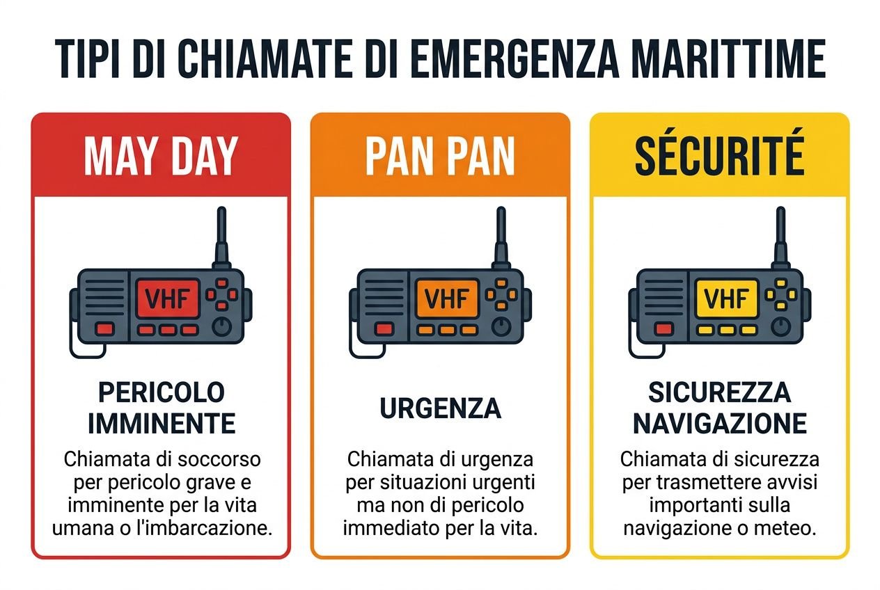 VHF marino quando si usa: immagine di tre radio VHF con icone e didascalie, focus su emergenza, urgenza e sicurezza navigazione.