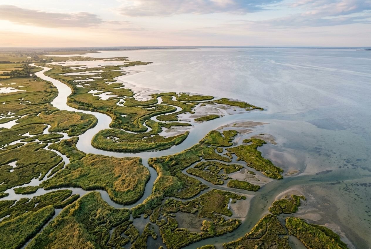 Vista aerea della riserva naturale foce Stella friuliana: canneti e lagune sinuose lungo l’estuario del fiume Stella, ambienti ideali per birdwatching. riserva naturale foce stella friuli.