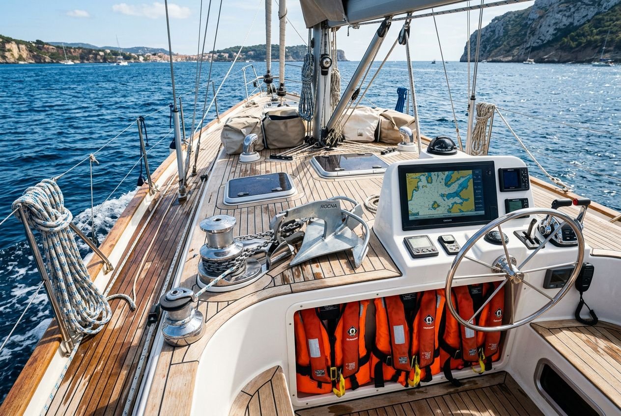 Vista di una barca a vela dall primo controllo: ponte in legno, timone, schermo nautico e zaini di regolamento. Dettagli: winch, cime e cordami, salvagenti arancioni nel gavone. accessori barca inclusi.