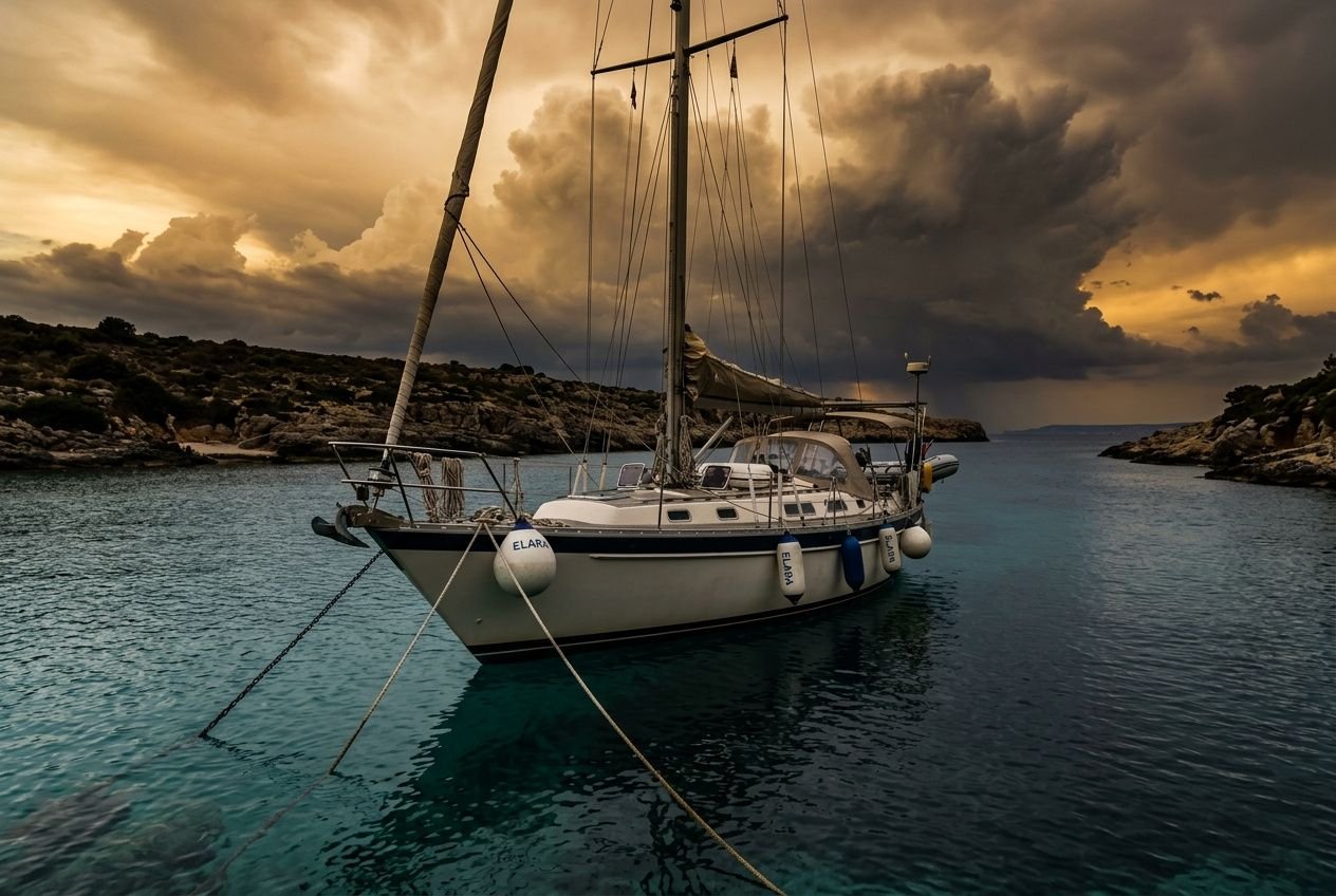 Yacht ancorato al calar del sole tra acque turchesi, con cime al vento e rocce circostanti sotto cielo stormoso, durante l’ancoraggio barca durante tempesta